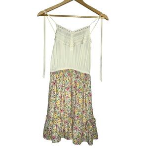 White Multicolor Floral Ruffle Strappy V-Neck Sleeveless Sundress Polyester